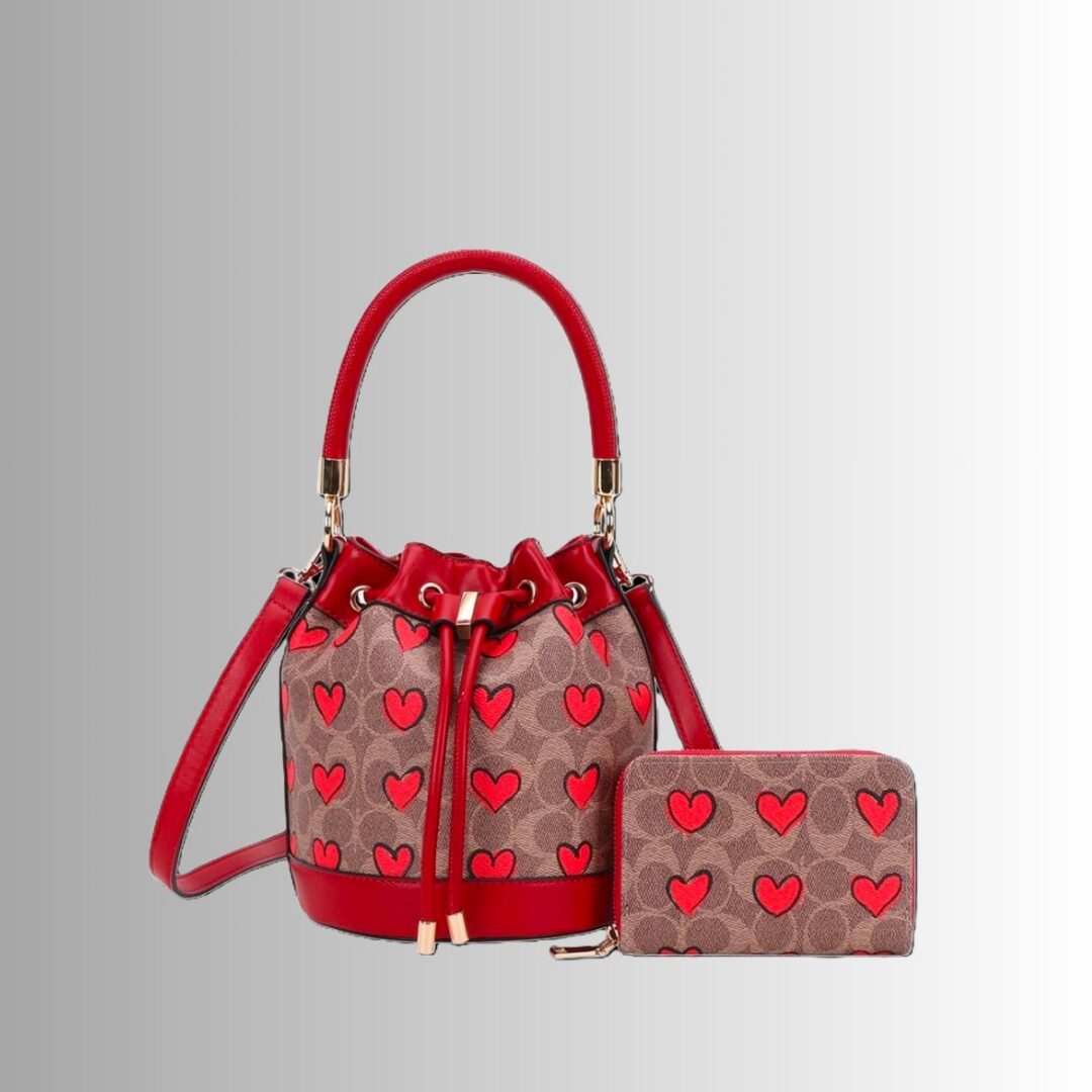 Heart Print Bucket Bag with Wallet