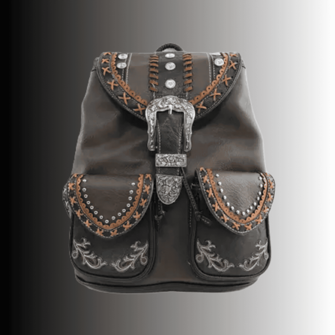 Studded brown leather backpack with ornate buckle