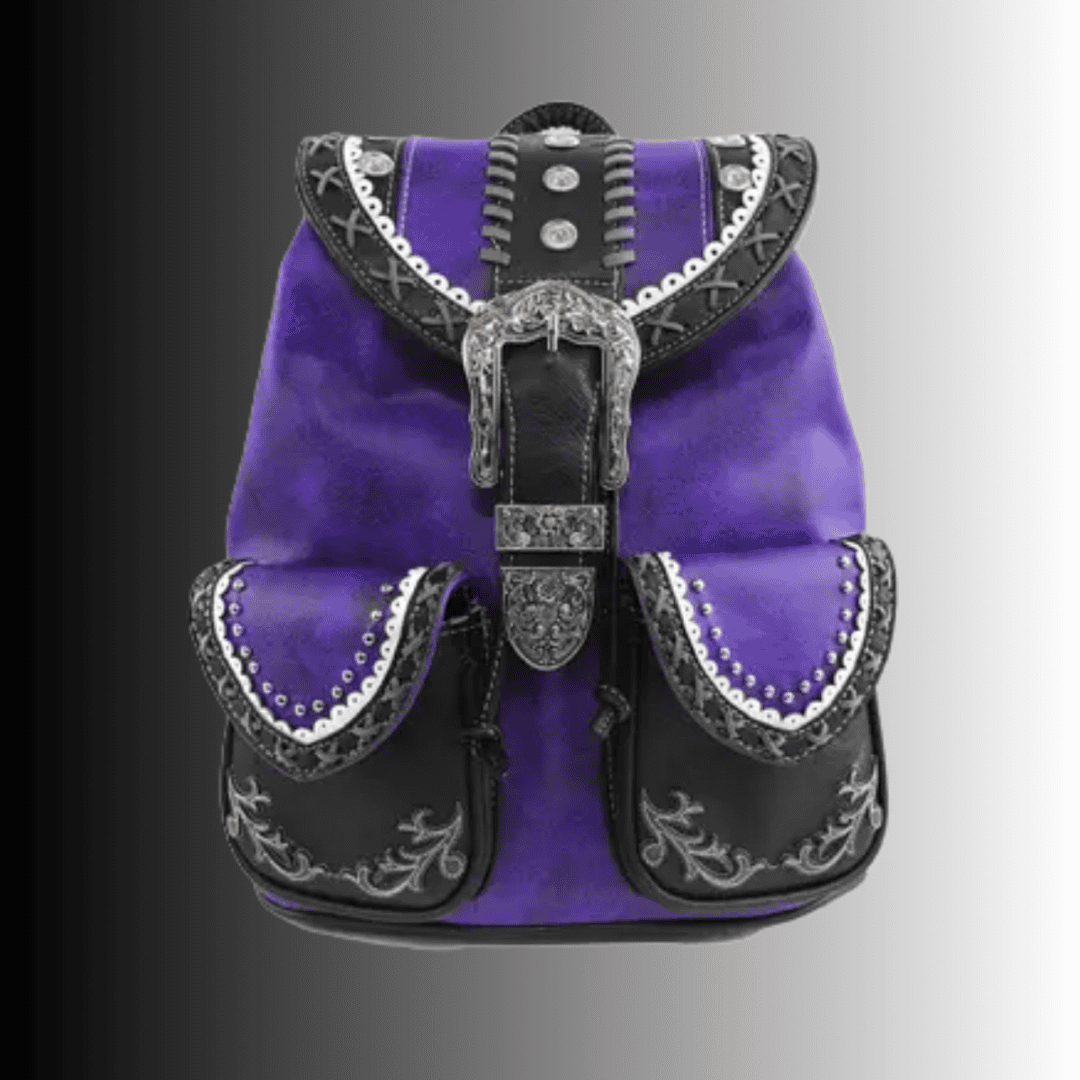 Purple and black ornate studded leather backpack