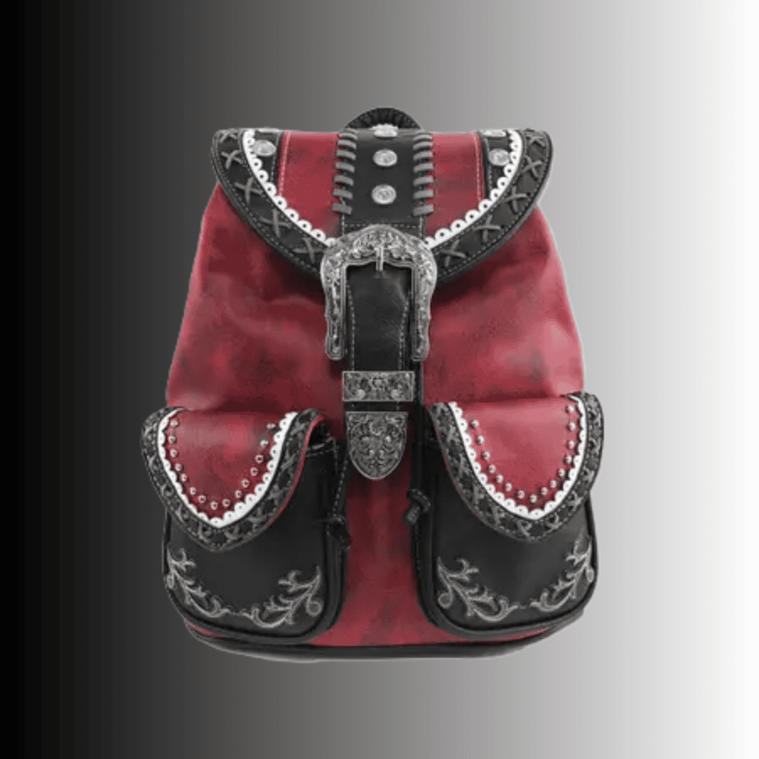 Ornate red and black leather backpack with buckles