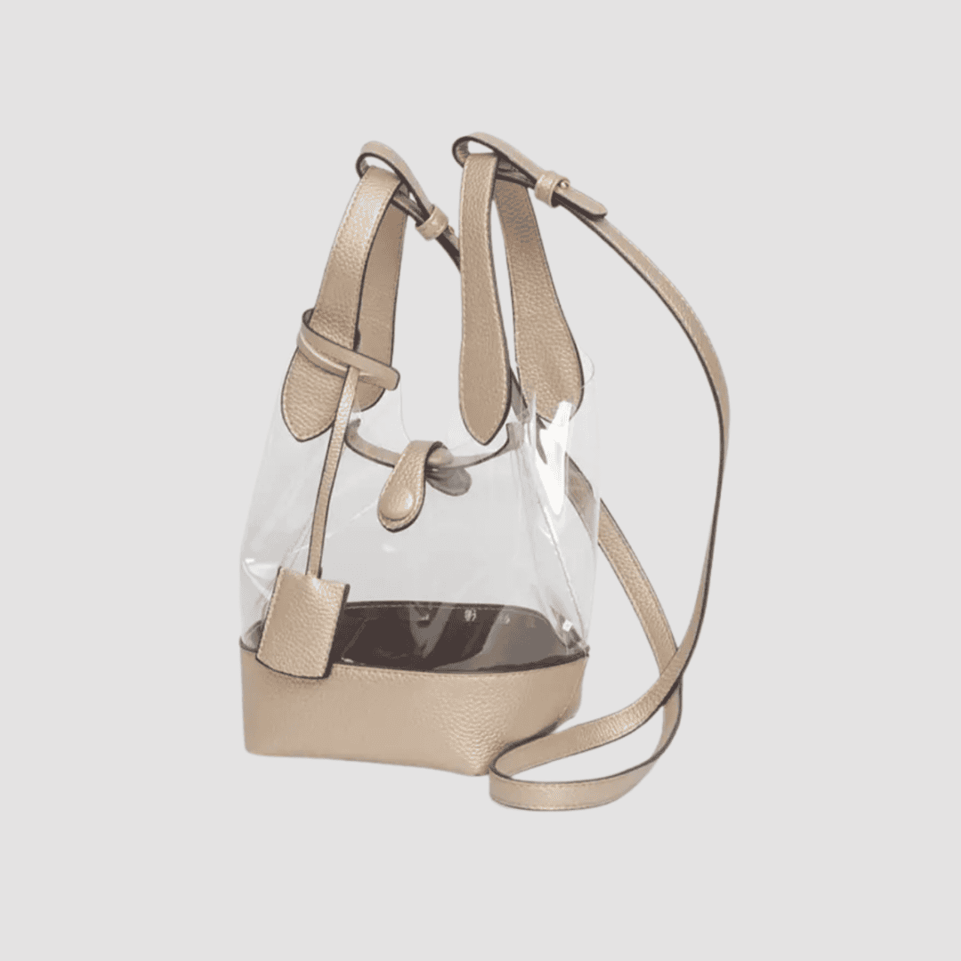 Clear vinyl bucket bag with beige leather trim