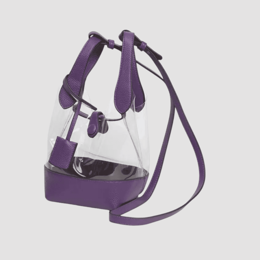 Clear bucket bag with purple leather trim