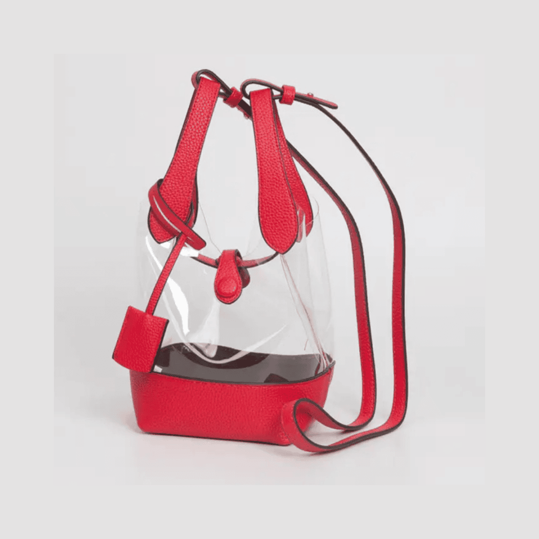 Clear bucket handbag with red leather trim